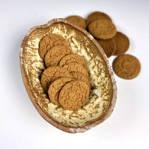 A ceramic bowl filled with round gingerbread cookies, with additional cookies scattered behind it on a plain white background.