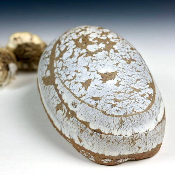 A small rounded decorative object with an irregular organic shape, covered in a heavily distressed white glaze or paint that reveals a warm brown base. It is photographed on a white surface with a soft blue-gray gradient background and a few blurred natural props at the left edge.