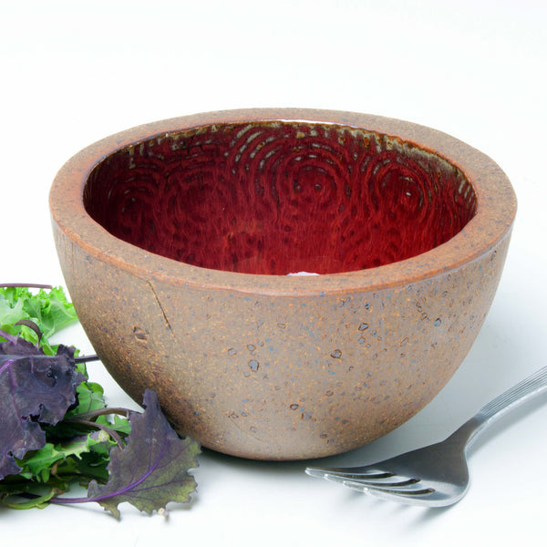 Size: 5" diameter x 3" high Glaze: Ruby Red Hand-built with stoneware clay Food, oven, microwave, and dishwasher safe Buy one, buy a set in assorted glaze colors